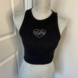 Black Crop Tank w Heart Fire Detail Size S EUC